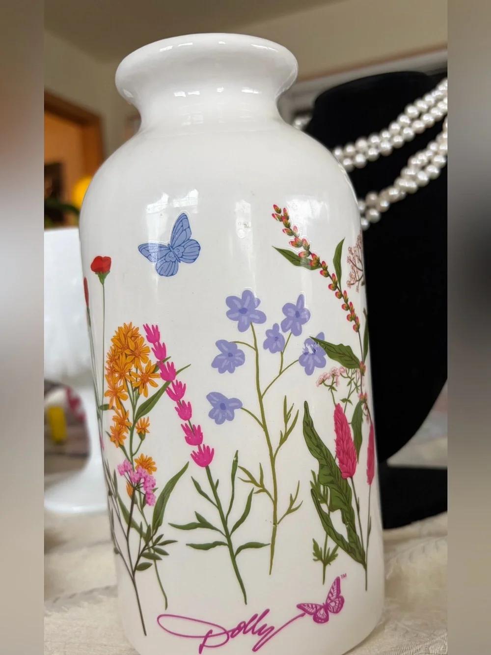 Dolly Parton White Ceramic Vase with Purple and Pink Wildflower Print, New